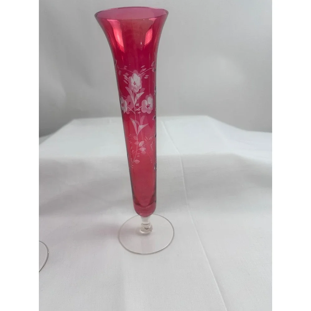 2 Vintage Ruby Red Glass Bud‎ Handblown Vases Etched Floral Design